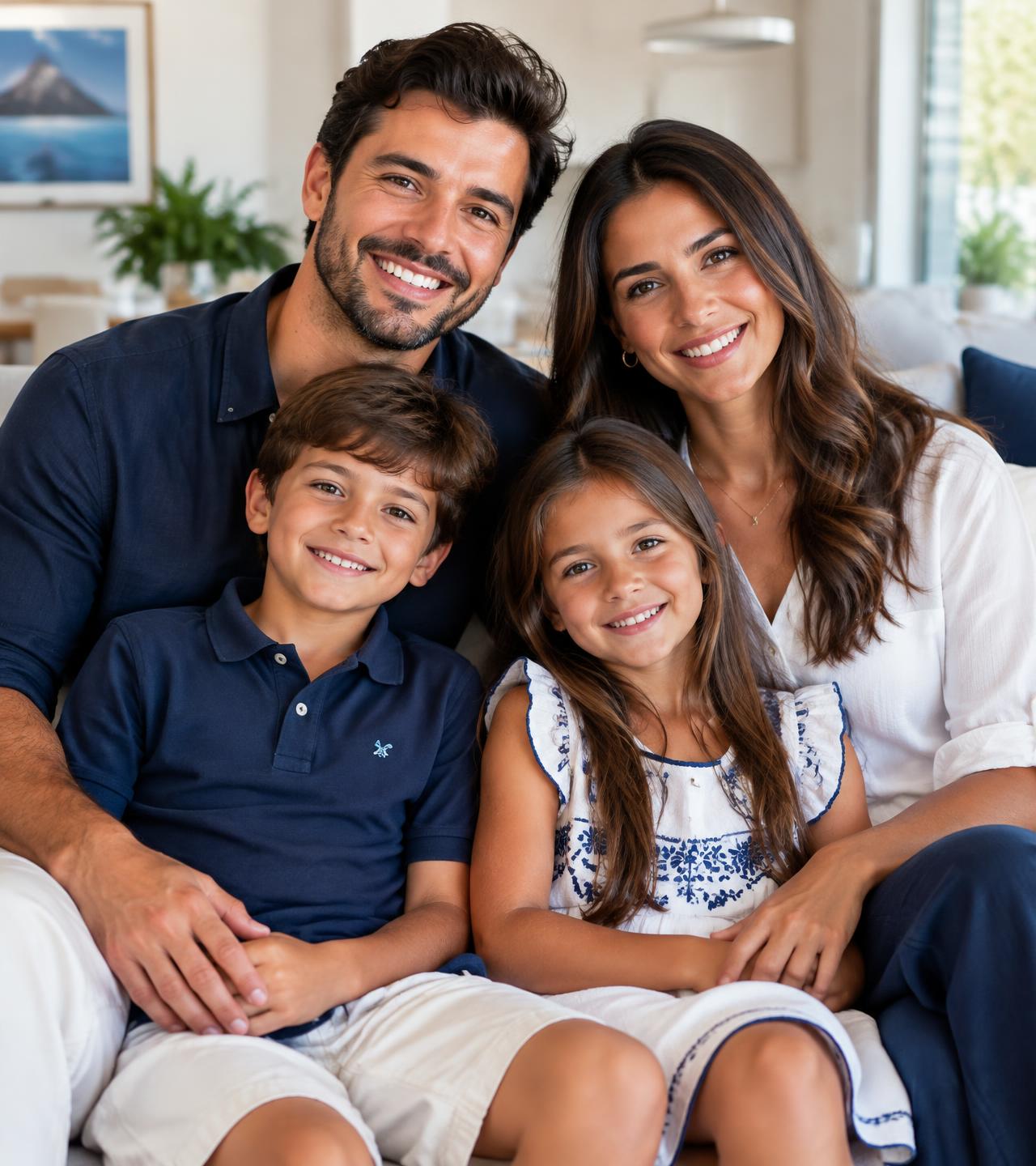 Família de quatro pessoas sorrindo junta no sofá de casa, simbolizando a proteção que a Legra Vitta Seguros oferece para você, sua família e sua empresa.