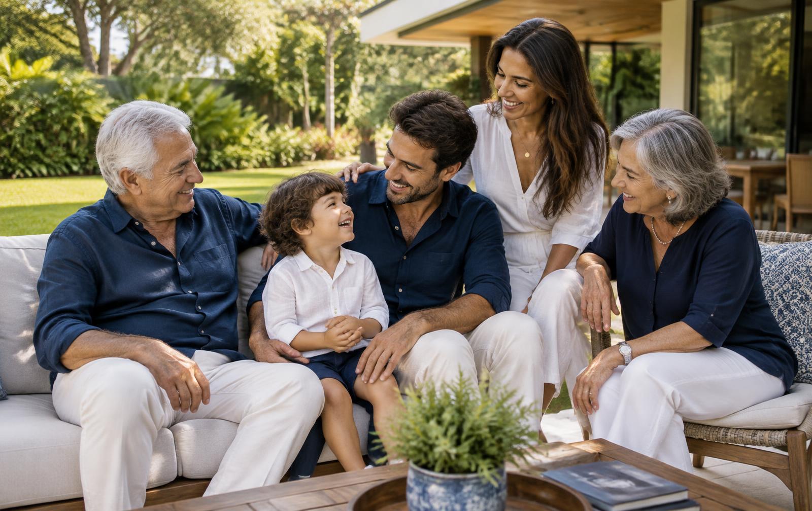 Família de três gerações reunida no jardim de uma casa — imagem ilustrativa
